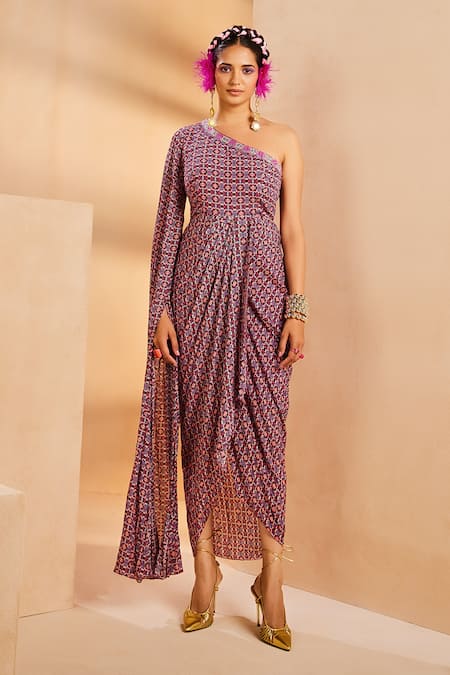 Aneesh Agarwaal Purple Crepe Sequins, Embroidery One Shoulder Ikkat Print Draped Dhoti Dress Online at Aza Fashions Aneesh Agarwaal_Purple Crepe Sequins, Embroidery One Shoulder Ikkat Print Draped Dhoti Dress _Online_at_Aza_Fashions
