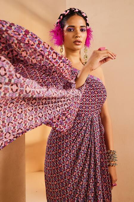 Buy Aneesh Agarwaal Purple Crepe Sequins, Embroidery One Shoulder Ikkat Print Draped Dhoti Dress Online at Aza Fashions Buy_Aneesh Agarwaal_Purple Crepe Sequins, Embroidery One Shoulder Ikkat Print Draped Dhoti Dress _Online_at_Aza_Fashions