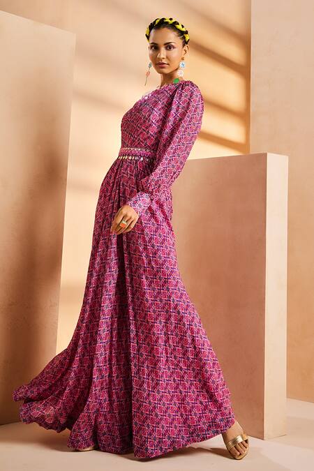 Aneesh Agarwaal_Purple Chiffon Embroidery One Shoulder Ikkat Print Jumpsuit With Belt _Online_at_Aza_Fashions