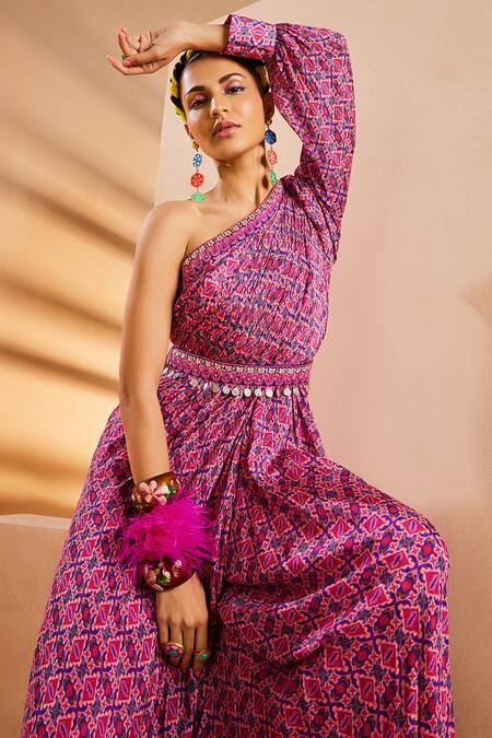 Shop_Aneesh Agarwaal_Purple Chiffon Embroidery One Shoulder Ikkat Print Jumpsuit With Belt _Online_at_Aza_Fashions