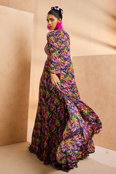 Shop Aneesh Agarwaal Purple Chiffon Mirrors, Botanical Print Flared Palazzo Set With Jacket at Aza Fashions Shop_Aneesh Agarwaal_Purple Chiffon Mirrors, Botanical Print Flared Palazzo Set With Jacket _at_Aza_Fashions