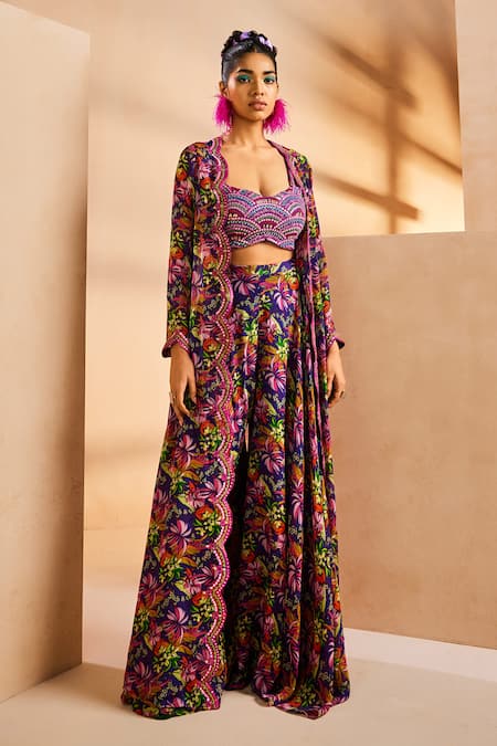 Aneesh Agarwaal Purple Chiffon Mirrors, Botanical Print Flared Palazzo Set With Jacket Online at Aza Fashions Aneesh Agarwaal_Purple Chiffon Mirrors, Botanical Print Flared Palazzo Set With Jacket _Online_at_Aza_Fashions