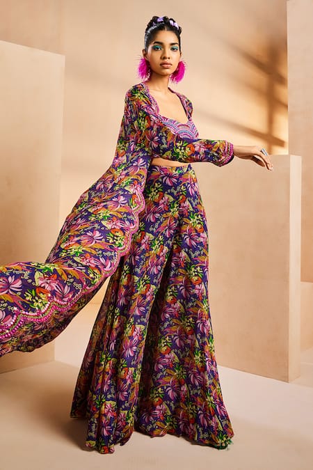 Buy Aneesh Agarwaal Purple Chiffon Mirrors, Botanical Print Flared Palazzo Set With Jacket Online at Aza Fashions Buy_Aneesh Agarwaal_Purple Chiffon Mirrors, Botanical Print Flared Palazzo Set With Jacket _Online_at_Aza_Fashions