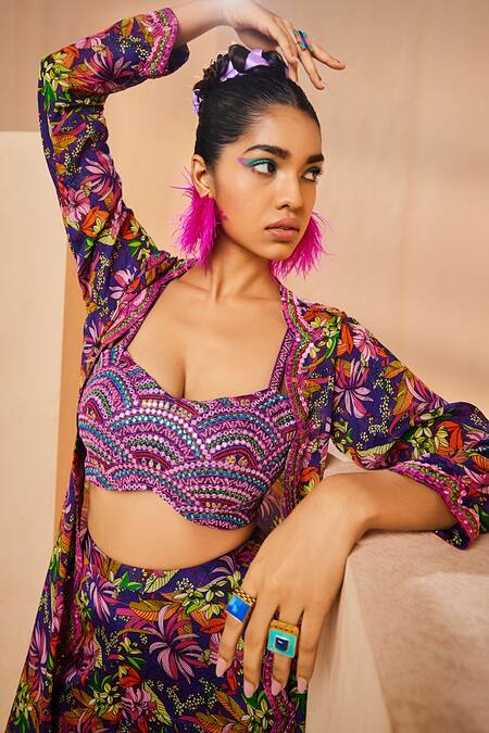 Shop Aneesh Agarwaal Purple Chiffon Mirrors, Botanical Print Flared Palazzo Set With Jacket Online at Aza Fashions Shop_Aneesh Agarwaal_Purple Chiffon Mirrors, Botanical Print Flared Palazzo Set With Jacket _Online_at_Aza_Fashions