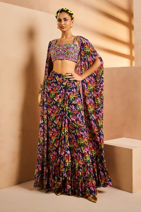 Aneesh Agarwaal Purple Crepe Mirrors, Embroidery Foliage Botanical Print Wrap Skirt Cape Set 