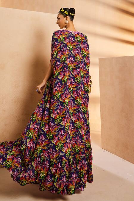 Shop Aneesh Agarwaal Purple Crepe Mirrors, Embroidery Foliage Botanical Print Wrap Skirt Cape Set at Aza Fashions Shop_Aneesh Agarwaal_Purple Crepe Mirrors, Embroidery Foliage Botanical Print Wrap Skirt Cape Set _at_Aza_Fashions