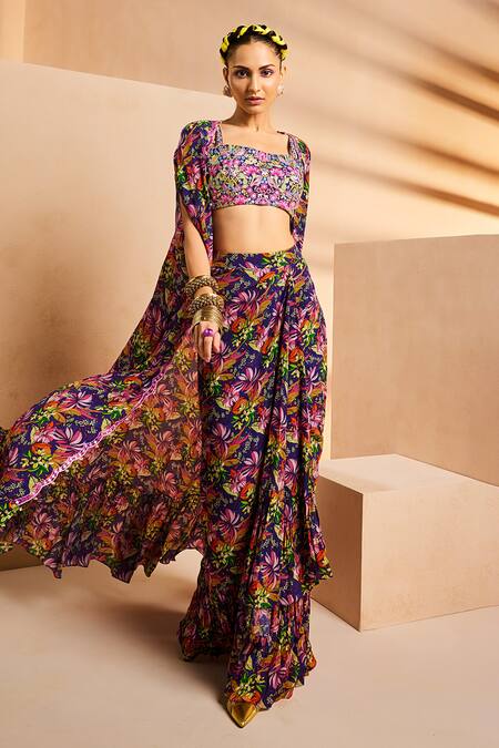 Aneesh Agarwaal Purple Crepe Mirrors, Embroidery Foliage Botanical Print Wrap Skirt Cape Set Online at Aza Fashions Aneesh Agarwaal_Purple Crepe Mirrors, Embroidery Foliage Botanical Print Wrap Skirt Cape Set _Online_at_Aza_Fashions
