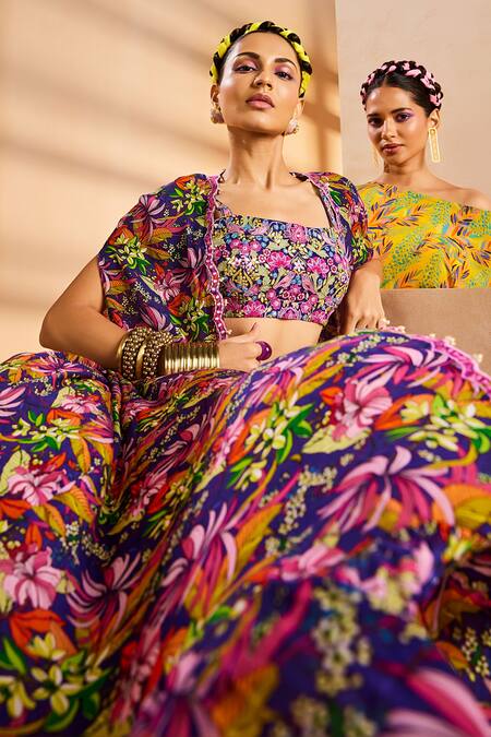 Shop Aneesh Agarwaal Purple Crepe Mirrors, Embroidery Foliage Botanical Print Wrap Skirt Cape Set Online at Aza Fashions Shop_Aneesh Agarwaal_Purple Crepe Mirrors, Embroidery Foliage Botanical Print Wrap Skirt Cape Set _Online_at_Aza_Fashions