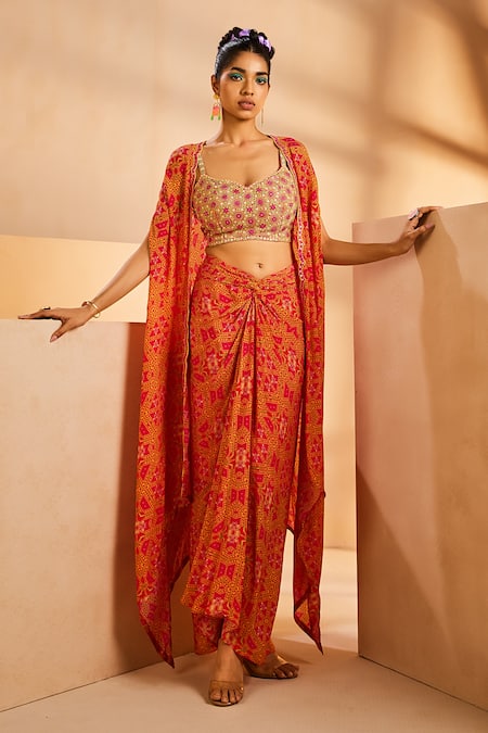 Aneesh Agarwaal Pink Crepe Embroidery, Mirrors Bandeau Neck Tie Dye Print Twisted Skirt Cape Set 