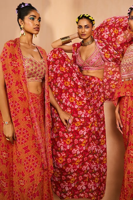Aneesh Agarwaal Pink Crepe Embroidery, Mirrors Bandeau Neck Tie Dye Print Twisted Skirt Cape Set Online at Aza Fashions Aneesh Agarwaal_Pink Crepe Embroidery, Mirrors Bandeau Neck Tie Dye Print Twisted Skirt Cape Set _Online_at_Aza_Fashions