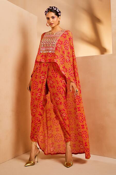 Shop Aneesh Agarwaal Pink Crepe Mirrors, Sequins Split V-neck Tie Dye Print Kurta And Dhoti Pant Set Online at Aza Fashions Shop_Aneesh Agarwaal_Pink Crepe Mirrors, Sequins Split V-neck Tie Dye Print Kurta And Dhoti Pant Set _Online_at_Aza_Fashions