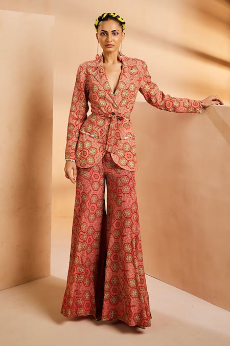 Aneesh Agarwaal Hand Painted Print Blazer & Flared Pant Set 