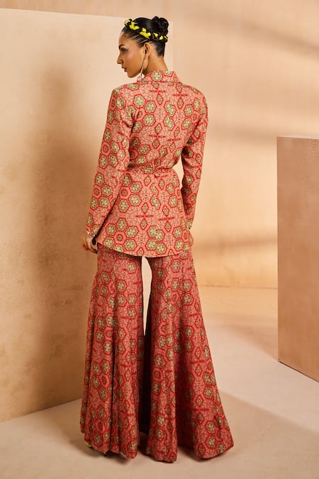Shop Aneesh Agarwaal Red Crepe Beads, Metallic Thread Hand Painted Print Blazer And Flared Pant Set at Aza Fashions Shop_Aneesh Agarwaal_Red Crepe Beads, Metallic Thread Hand Painted Print Blazer And Flared Pant Set _at_Aza_Fashions