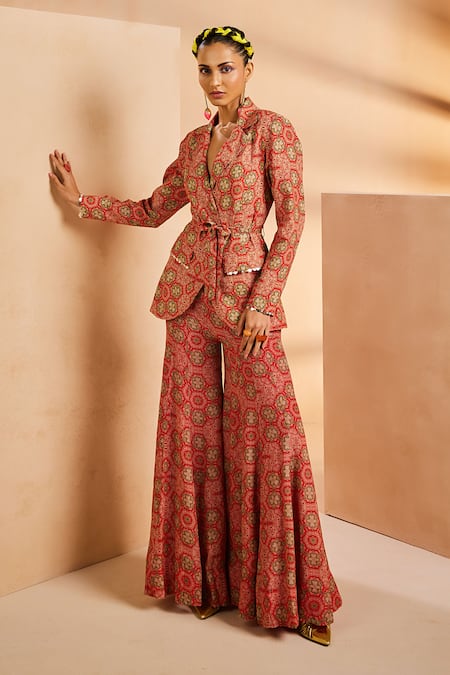 Aneesh Agarwaal Red Crepe Beads, Metallic Thread Hand Painted Print Blazer And Flared Pant Set Online at Aza Fashions Aneesh Agarwaal_Red Crepe Beads, Metallic Thread Hand Painted Print Blazer And Flared Pant Set _Online_at_Aza_Fashions