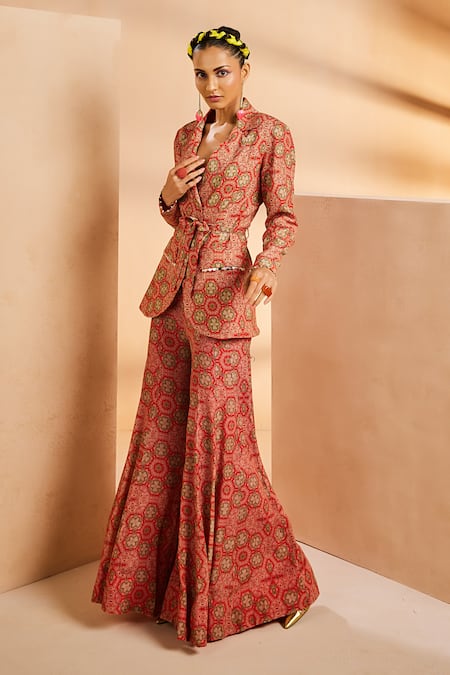 Shop Aneesh Agarwaal Red Crepe Beads, Metallic Thread Hand Painted Print Blazer And Flared Pant Set Online at Aza Fashions Shop_Aneesh Agarwaal_Red Crepe Beads, Metallic Thread Hand Painted Print Blazer And Flared Pant Set _Online_at_Aza_Fashions