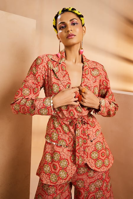 Aneesh Agarwaal Red Crepe Beads, Metallic Thread Hand Painted Print Blazer And Flared Pant Set at Aza Fashions Aneesh Agarwaal_Red Crepe Beads, Metallic Thread Hand Painted Print Blazer And Flared Pant Set _at_Aza_Fashions