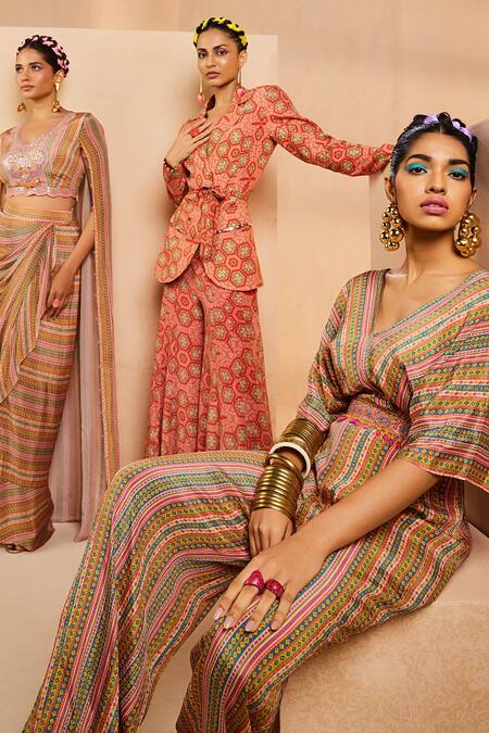 Buy Aneesh Agarwaal Red Crepe Beads, Metallic Thread Hand Painted Print Blazer And Flared Pant Set Buy_Aneesh Agarwaal_Red Crepe Beads, Metallic Thread Hand Painted Print Blazer And Flared Pant Set