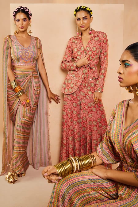 Shop Aneesh Agarwaal Red Crepe Beads, Metallic Thread Hand Painted Print Blazer And Flared Pant Set Shop_Aneesh Agarwaal_Red Crepe Beads, Metallic Thread Hand Painted Print Blazer And Flared Pant Set