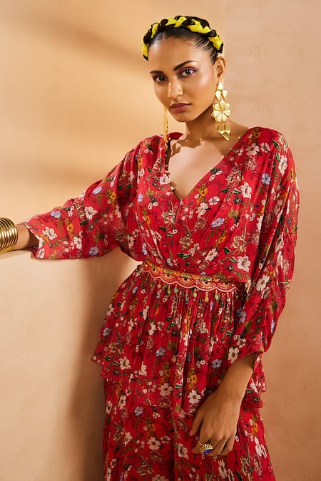 Buy Aneesh Agarwaal Red Chiffon Embroidery, Tassels, Beads Floral Pattern Peplum Top And Palazzo Set Online at Aza Fashions Buy_Aneesh Agarwaal_Red Chiffon Embroidery, Tassels, Beads Floral Pattern Peplum Top And Palazzo Set _Online_at_Aza_Fashions