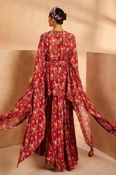 Shop Aneesh Agarwaal Red Chiffon Mirrors, Zari, Floral Print Asymmetric Kaftan And Sharara Set at Aza Fashions Shop_Aneesh Agarwaal_Red Chiffon Mirrors, Zari, Floral Print Asymmetric Kaftan And Sharara Set _at_Aza_Fashions