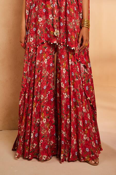 Aneesh Agarwaal Red Chiffon Mirrors, Zari, Floral Print Asymmetric Kaftan And Sharara Set Online at Aza Fashions Aneesh Agarwaal_Red Chiffon Mirrors, Zari, Floral Print Asymmetric Kaftan And Sharara Set _Online_at_Aza_Fashions