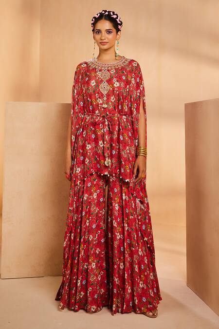 Buy Aneesh Agarwaal Red Chiffon Mirrors, Zari, Floral Print Asymmetric Kaftan And Sharara Set Online at Aza Fashions Buy_Aneesh Agarwaal_Red Chiffon Mirrors, Zari, Floral Print Asymmetric Kaftan And Sharara Set _Online_at_Aza_Fashions