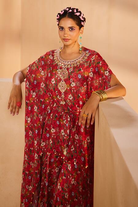 Shop Aneesh Agarwaal Red Chiffon Mirrors, Zari, Floral Print Asymmetric Kaftan And Sharara Set Online at Aza Fashions Shop_Aneesh Agarwaal_Red Chiffon Mirrors, Zari, Floral Print Asymmetric Kaftan And Sharara Set _Online_at_Aza_Fashions