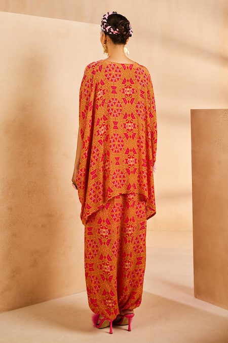 Shop Aneesh Agarwaal Pink Crepe Pearls, Zari V-neck Geometric Pattern Kaftan And Dhoti Skirt Set at Aza Fashions Shop_Aneesh Agarwaal_Pink Crepe Pearls, Zari V-neck Geometric Pattern Kaftan And Dhoti Skirt Set _at_Aza_Fashions