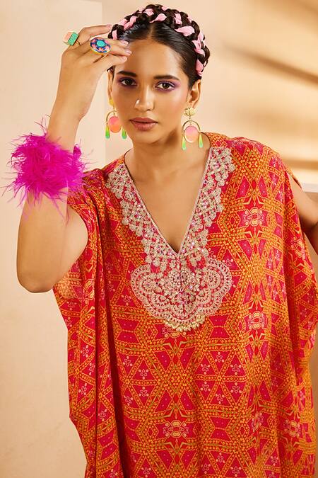 Aneesh Agarwaal Pink Crepe Pearls, Zari V-neck Geometric Pattern Kaftan And Dhoti Skirt Set Online at Aza Fashions Aneesh Agarwaal_Pink Crepe Pearls, Zari V-neck Geometric Pattern Kaftan And Dhoti Skirt Set _Online_at_Aza_Fashions