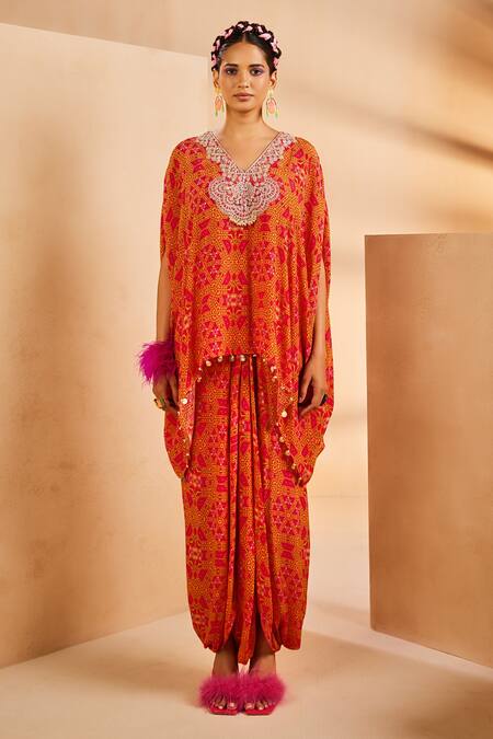 Buy Aneesh Agarwaal Pink Crepe Pearls, Zari V-neck Geometric Pattern Kaftan And Dhoti Skirt Set Online at Aza Fashions Buy_Aneesh Agarwaal_Pink Crepe Pearls, Zari V-neck Geometric Pattern Kaftan And Dhoti Skirt Set _Online_at_Aza_Fashions