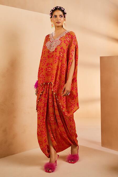 Shop Aneesh Agarwaal Pink Crepe Pearls, Zari V-neck Geometric Pattern Kaftan And Dhoti Skirt Set Online at Aza Fashions Shop_Aneesh Agarwaal_Pink Crepe Pearls, Zari V-neck Geometric Pattern Kaftan And Dhoti Skirt Set _Online_at_Aza_Fashions