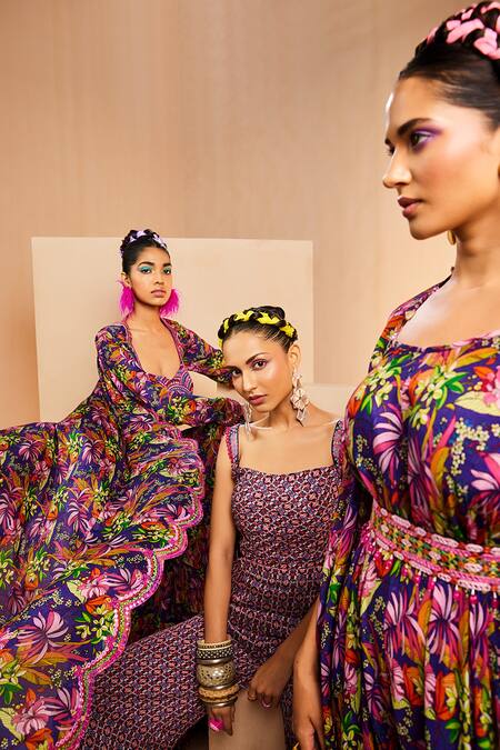 Aneesh Agarwaal Purple Beads Square Neck Ikat Print Jumpsuit at Aza Fashions Aneesh Agarwaal_Purple Beads Square Neck Ikat Print Jumpsuit _at_Aza_Fashions