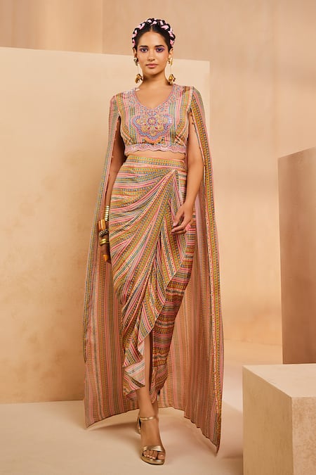Aneesh Agarwaal Multi Color Crepe Sequins, Embroidery Boho Striped Print Cape Blouse And Skirt Set 