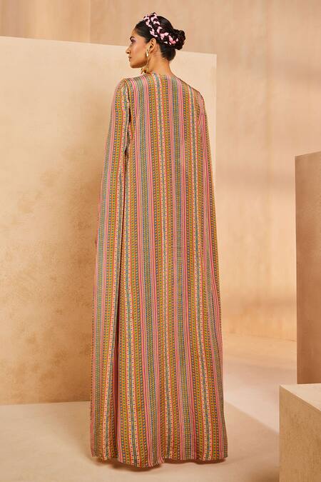 Shop Aneesh Agarwaal Multi Color Crepe Sequins, Embroidery Boho Striped Print Cape Blouse And Skirt Set at Aza Fashions Shop_Aneesh Agarwaal_Multi Color Crepe Sequins, Embroidery Boho Striped Print Cape Blouse And Skirt Set _at_Aza_Fashions