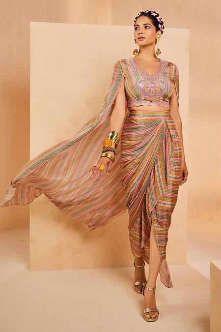 Buy Aneesh Agarwaal Multi Color Crepe Sequins, Embroidery Boho Striped Print Cape Blouse And Skirt Set Online at Aza Fashions Buy_Aneesh Agarwaal_Multi Color Crepe Sequins, Embroidery Boho Striped Print Cape Blouse And Skirt Set _Online_at_Aza_Fashions