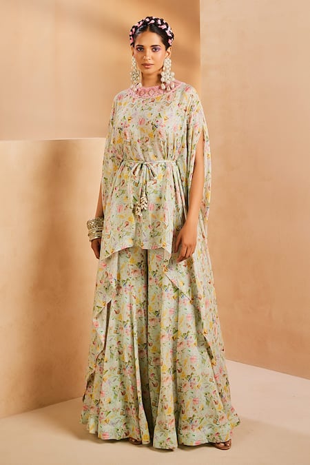 Aneesh Agarwaal Blue Chiffon Sequins Round Neck Floral Print Kaftan And Sharara Set 