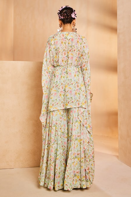 Shop Aneesh Agarwaal Blue Chiffon Sequins Round Neck Floral Print Kaftan And Sharara Set at Aza Fashions Shop_Aneesh Agarwaal_Blue Chiffon Sequins Round Neck Floral Print Kaftan And Sharara Set _at_Aza_Fashions