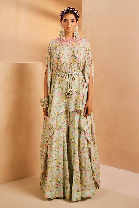 Aneesh Agarwaal Blue Chiffon Sequins Round Neck Floral Print Kaftan And Sharara Set Online at Aza Fashions Aneesh Agarwaal_Blue Chiffon Sequins Round Neck Floral Print Kaftan And Sharara Set _Online_at_Aza_Fashions