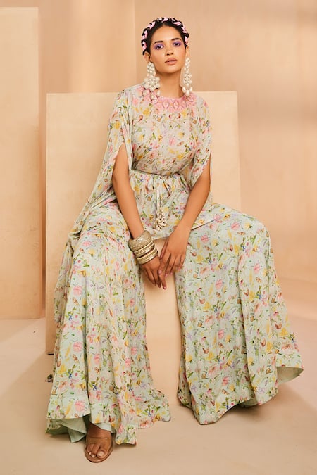 Buy Aneesh Agarwaal Blue Chiffon Sequins Round Neck Floral Print Kaftan And Sharara Set Online at Aza Fashions Buy_Aneesh Agarwaal_Blue Chiffon Sequins Round Neck Floral Print Kaftan And Sharara Set _Online_at_Aza_Fashions