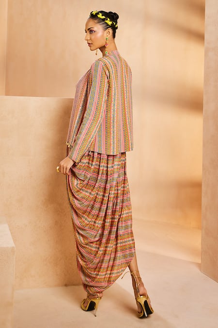 Shop Aneesh Agarwaal Multi Color Crepe Sequins, Chains, Metallic Striped Print Cowl Dress With Jacket at Aza Fashions Shop_Aneesh Agarwaal_Multi Color Crepe Sequins, Chains, Metallic Striped Print Cowl Dress With Jacket _at_Aza_Fashions