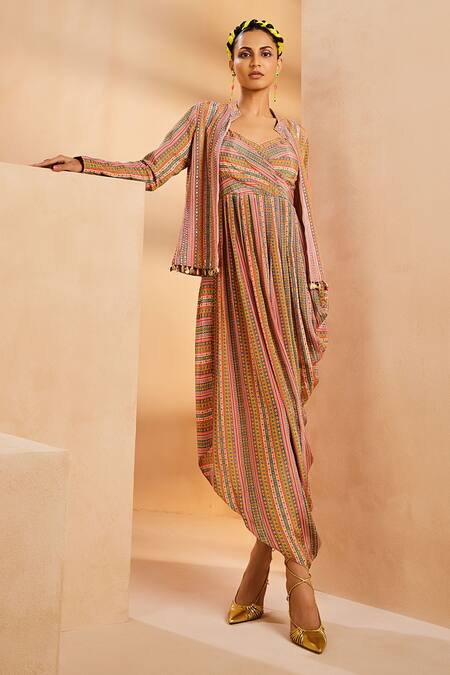 Buy Aneesh Agarwaal Multi Color Crepe Sequins, Chains, Metallic Striped Print Cowl Dress With Jacket Online at Aza Fashions Buy_Aneesh Agarwaal_Multi Color Crepe Sequins, Chains, Metallic Striped Print Cowl Dress With Jacket _Online_at_Aza_Fashions