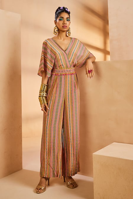 Aneesh Agarwaal Striped Print Jumpsuit With Embroidered Belt 