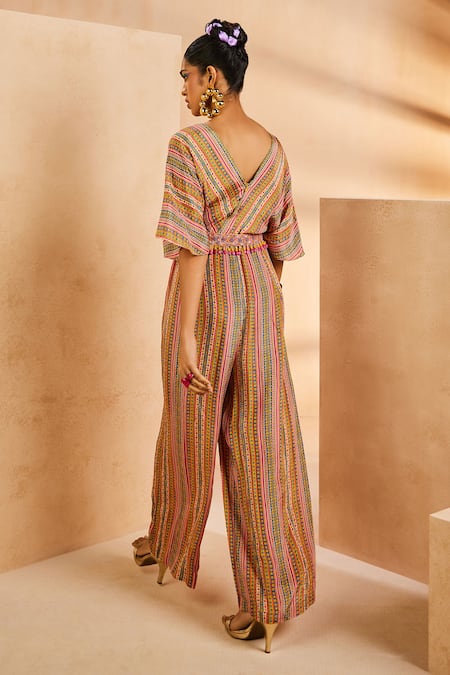Aneesh Agarwaal Striped Print Jumpsuit With Embroidered Belt 