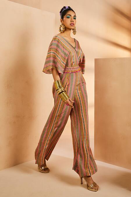Aneesh Agarwaal Multi Color Crepe Beads, Embroidery V-neck Striped Print Jumpsuit With Belt Online at Aza Fashions Aneesh Agarwaal_Multi Color Crepe Beads, Embroidery V-neck Striped Print Jumpsuit With Belt _Online_at_Aza_Fashions