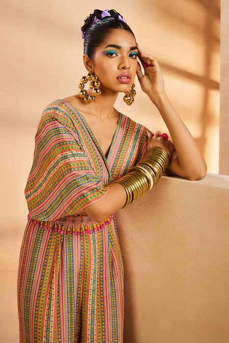 Buy Aneesh Agarwaal Multi Color Crepe Beads, Embroidery V-neck Striped Print Jumpsuit With Belt Online at Aza Fashions Buy_Aneesh Agarwaal_Multi Color Crepe Beads, Embroidery V-neck Striped Print Jumpsuit With Belt _Online_at_Aza_Fashions