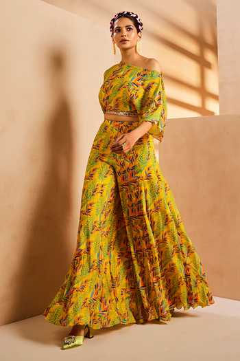 Shop Aneesh Agarwaal Yellow Crepe Sequins, Embroidery One Foliage Leaves Print Crop Top And Sharara Set Online at Aza Fashions Shop_Aneesh Agarwaal_Yellow Crepe Sequins, Embroidery One Foliage Leaves Print Crop Top And Sharara Set _Online_at_Aza_Fashions