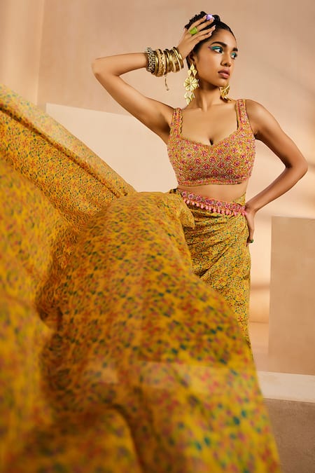 Buy_Aneesh Agarwaal_Yellow Chiffon Embroidery, Beads, Printed Draped Sharara Saree With Blouse _Online_at_Aza_Fashions