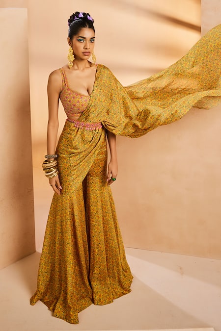 Shop_Aneesh Agarwaal_Yellow Chiffon Embroidery, Beads, Printed Draped Sharara Saree With Blouse _Online_at_Aza_Fashions