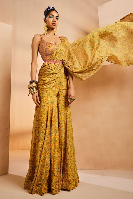 Aneesh Agarwaal_Yellow Chiffon Embroidery, Beads, Printed Draped Sharara Saree With Blouse _at_Aza_Fashions