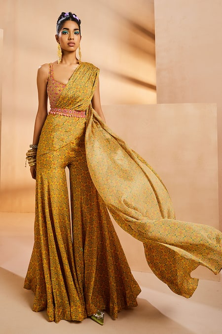 Buy_Aneesh Agarwaal_Yellow Chiffon Embroidery, Beads, Printed Draped Sharara Saree With Blouse 